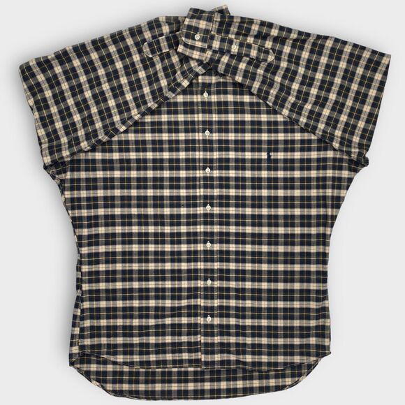 VINTAGE Ralph Lauren Shirt Mens 2XLT Tall Beige Black Check Woven Button Down - Picture 7 of 16